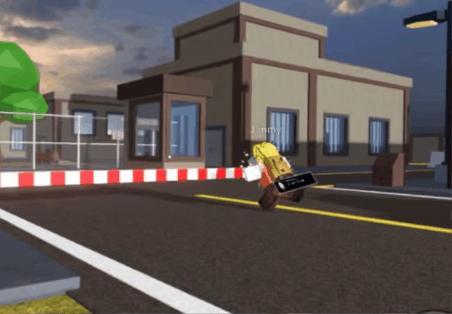 A character named Jimmy running through a barrier gate